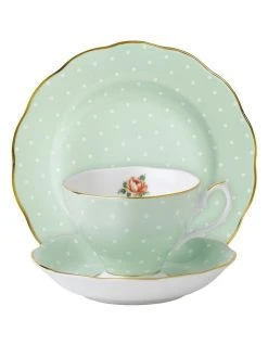 Discount 👍 Royal Albert Polka Rose Teacup Saucer & Plate Set Green 😉