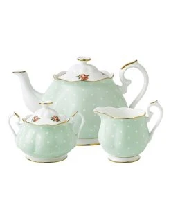 Promo ✔️ Royal Albert Polka Rose Teapot Sugar & Creamer Set Green ✨