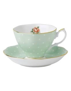 New ⌛ Royal Albert Polka Rose Teacup & Saucer Green 🎉