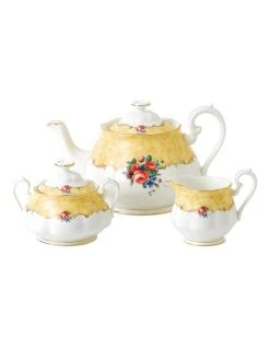 Best deal 👏 Royal Albert 100 Years 1990 Teapot Cream & Sugar Set White/ Yellow 🥰