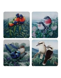 Promo ❤️ Maxwell & Williams Birds of Australia KC 10 Year Anniversary 10.5cm Set of 4 Gift Boxed Cork Back Coaster 🧨