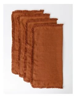 Deals 🎁 Australian House & Garden Fringed Linen Set of 4 Napkin Earth 😀